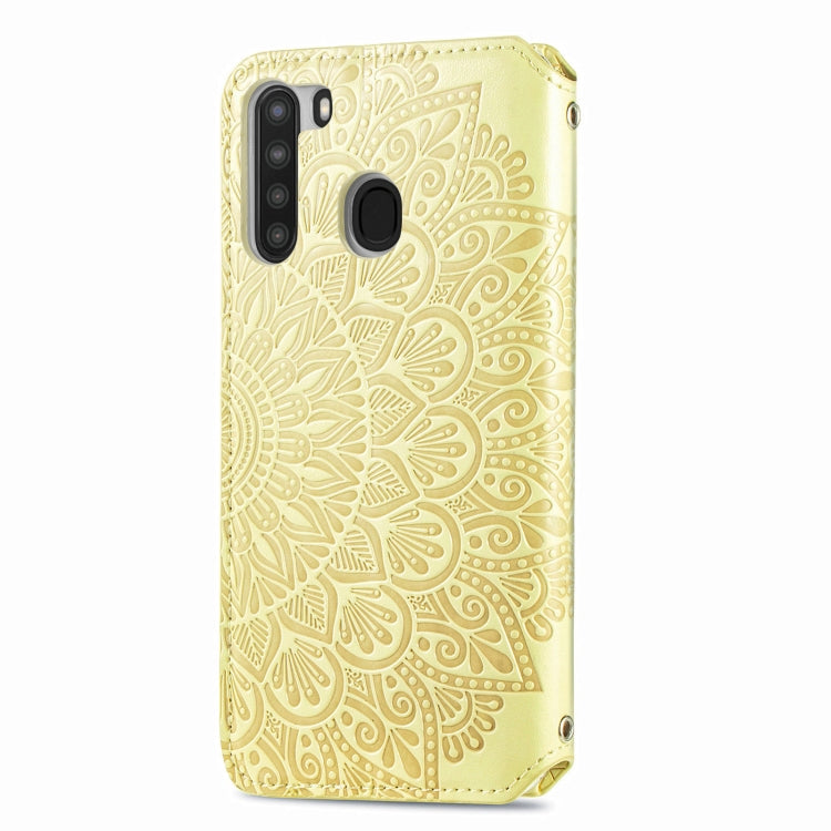 For Samsung Galaxy A21 Blooming Mandala Embossed Pattern Magnetic Horizontal Flip Leather Case with Holder & Card Slots & Wallet