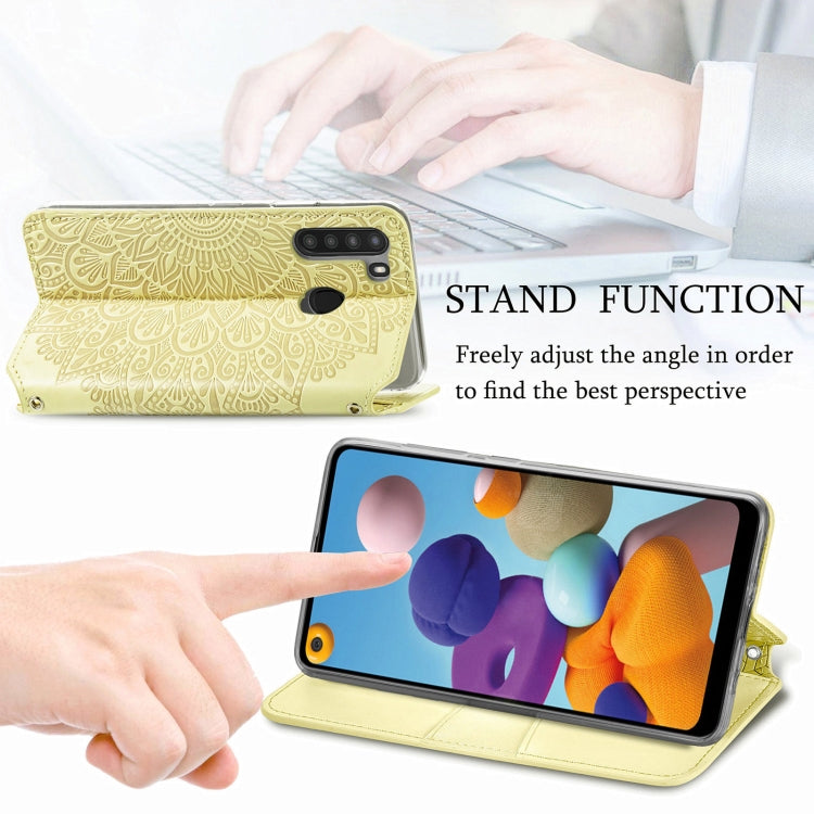 For Samsung Galaxy A21 Blooming Mandala Embossed Pattern Magnetic Horizontal Flip Leather Case with Holder & Card Slots & Wallet