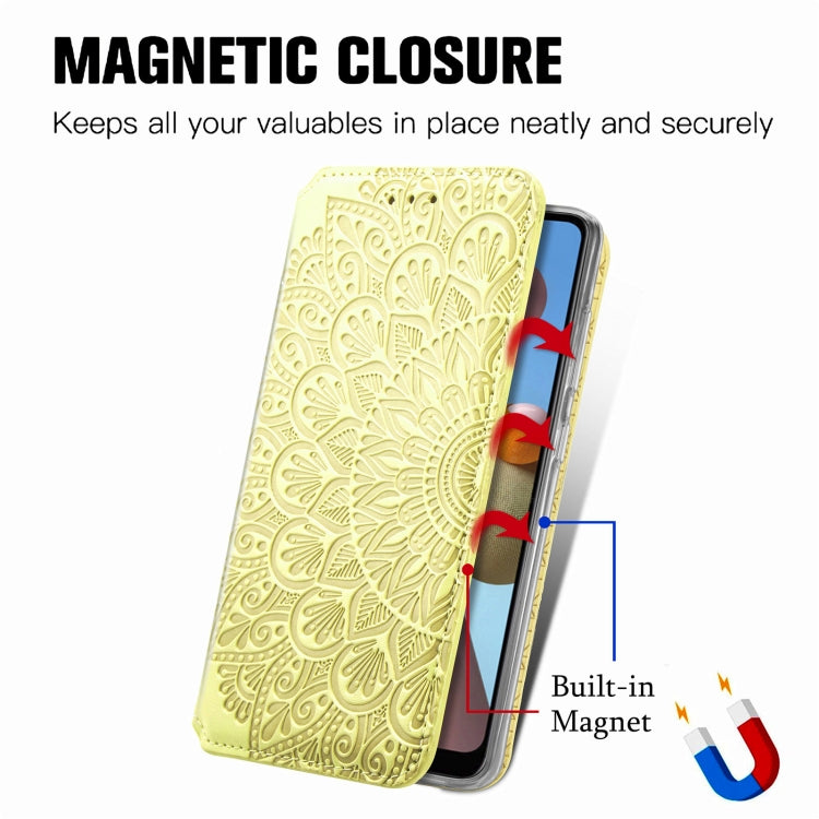 For Samsung Galaxy A21 Blooming Mandala Embossed Pattern Magnetic Horizontal Flip Leather Case with Holder & Card Slots & Wallet