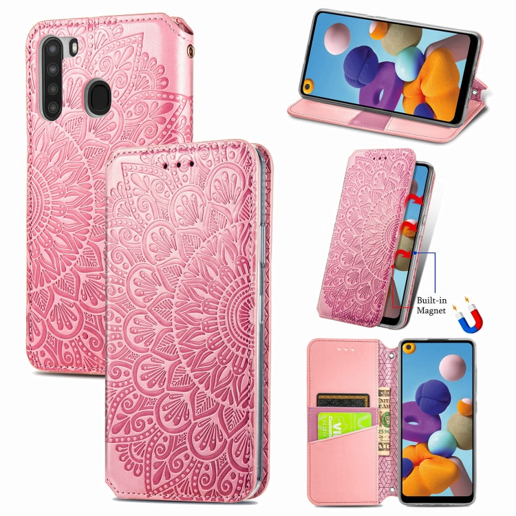 For Samsung Galaxy A21 Blooming Mandala Embossed Pattern Magnetic Horizontal Flip Leather Case with Holder & Card Slots & Wallet