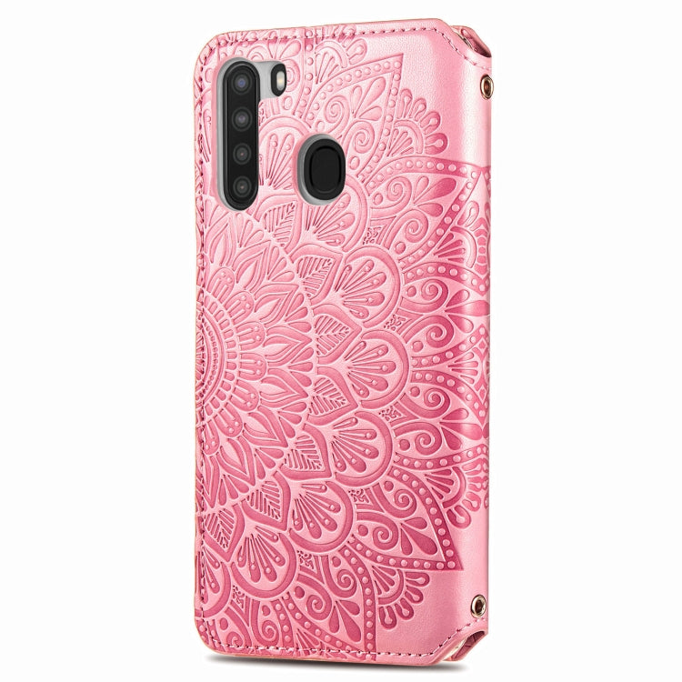 For Samsung Galaxy A21 Blooming Mandala Embossed Pattern Magnetic Horizontal Flip Leather Case with Holder & Card Slots & Wallet