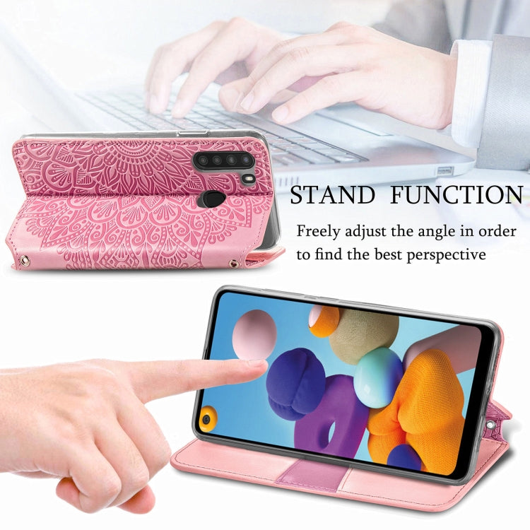 For Samsung Galaxy A21 Blooming Mandala Embossed Pattern Magnetic Horizontal Flip Leather Case with Holder & Card Slots & Wallet