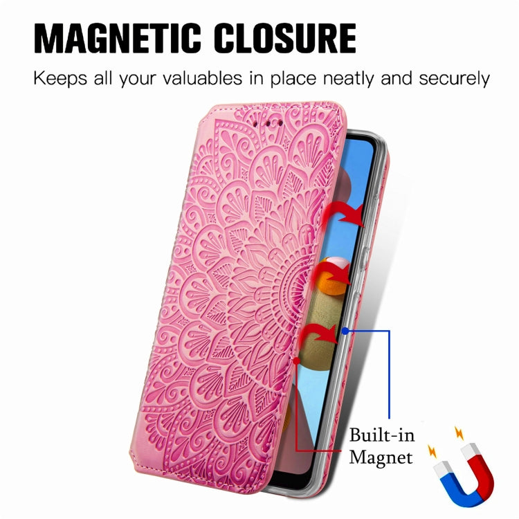 For Samsung Galaxy A21 Blooming Mandala Embossed Pattern Magnetic Horizontal Flip Leather Case with Holder & Card Slots & Wallet