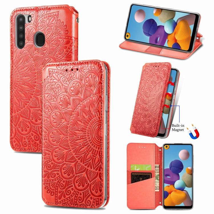 For Samsung Galaxy A21 Blooming Mandala Embossed Pattern Magnetic Horizontal Flip Leather Case with Holder & Card Slots & Wallet