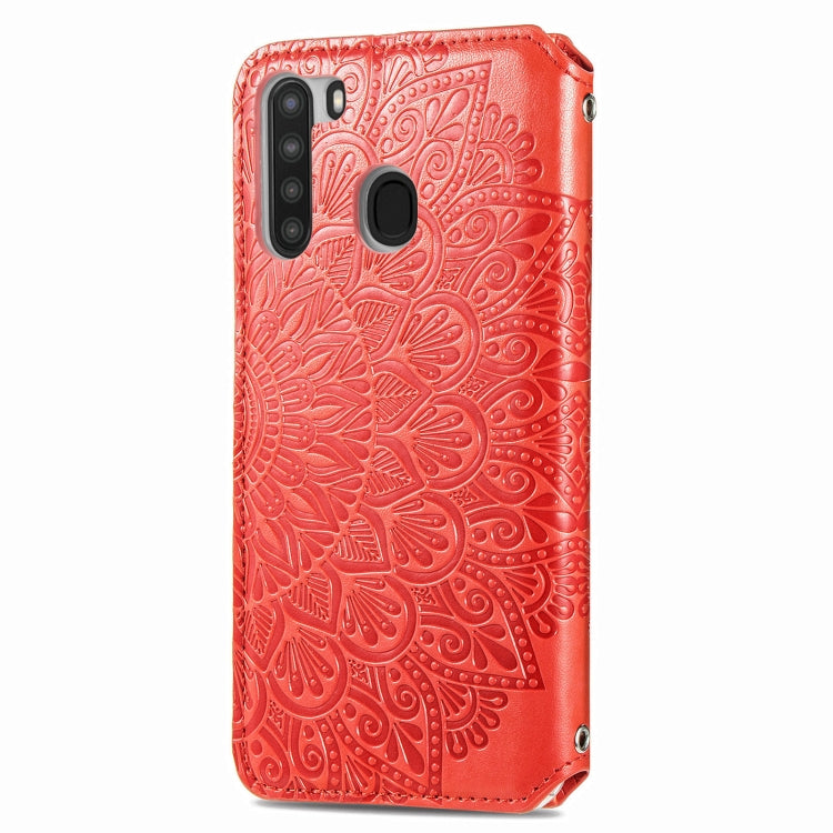 For Samsung Galaxy A21 Blooming Mandala Embossed Pattern Magnetic Horizontal Flip Leather Case with Holder & Card Slots & Wallet