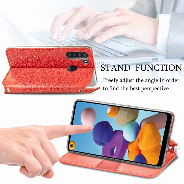 For Samsung Galaxy A21 Blooming Mandala Embossed Pattern Magnetic Horizontal Flip Leather Case with Holder & Card Slots & Wallet