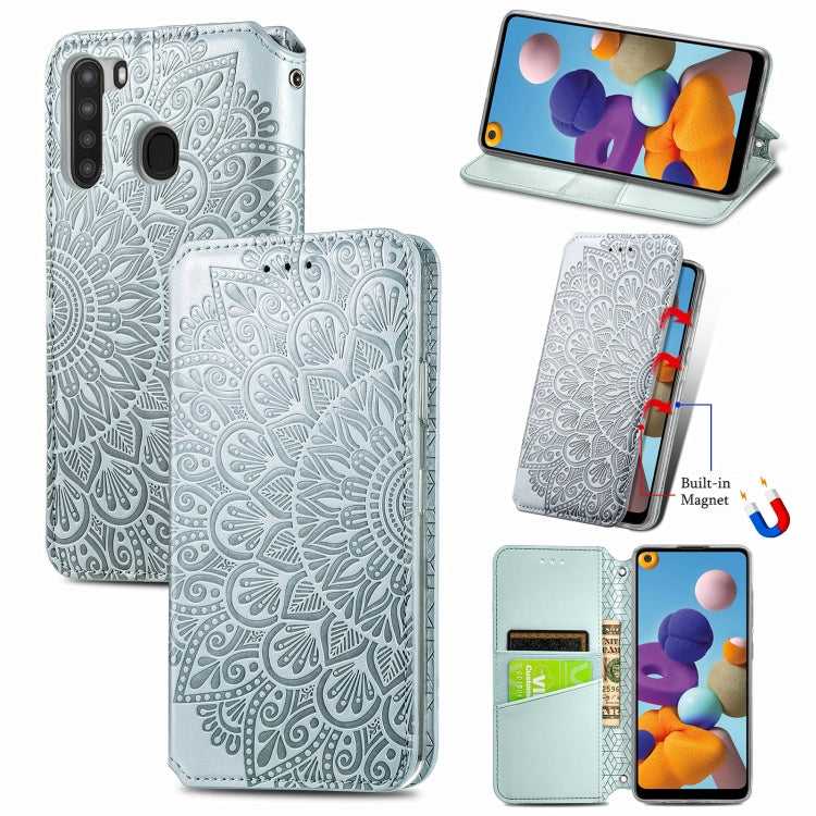 For Samsung Galaxy A21 Blooming Mandala Embossed Pattern Magnetic Horizontal Flip Leather Case with Holder & Card Slots & Wallet
