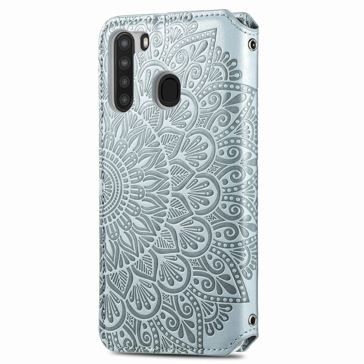 For Samsung Galaxy A21 Blooming Mandala Embossed Pattern Magnetic Horizontal Flip Leather Case with Holder & Card Slots & Wallet