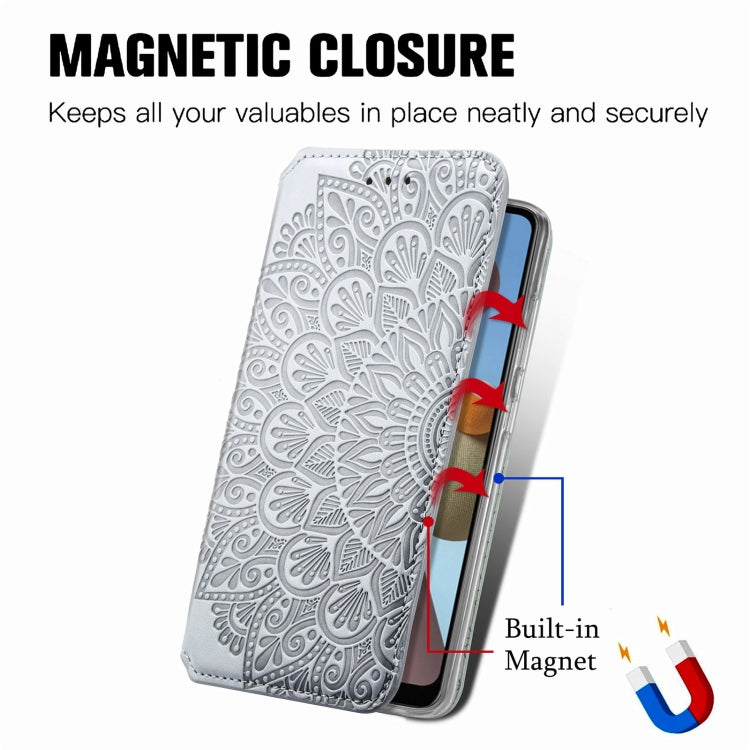 For Samsung Galaxy A21 Blooming Mandala Embossed Pattern Magnetic Horizontal Flip Leather Case with Holder & Card Slots & Wallet