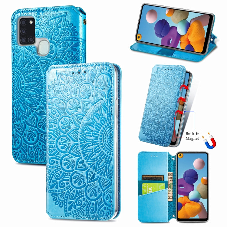 For Samsung Galaxy A21s Blooming Mandala Embossed Pattern Magnetic Horizontal Flip Leather Case with Holder & Card Slots & Wallet