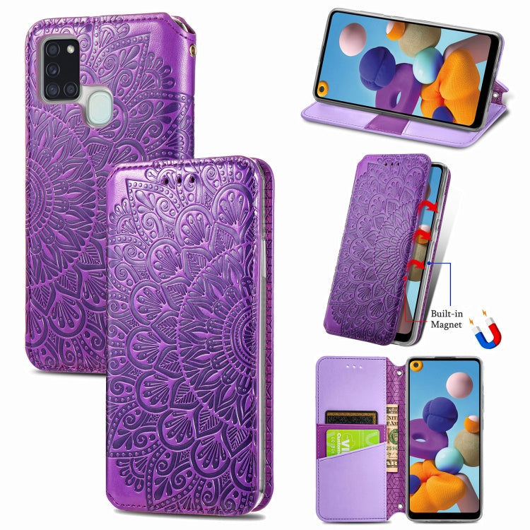 For Samsung Galaxy A21s Blooming Mandala Embossed Pattern Magnetic Horizontal Flip Leather Case with Holder & Card Slots & Wallet
