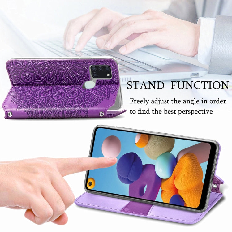 For Samsung Galaxy A21s Blooming Mandala Embossed Pattern Magnetic Horizontal Flip Leather Case with Holder & Card Slots & Wallet