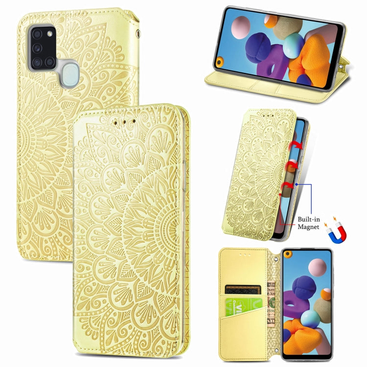 For Samsung Galaxy A21s Blooming Mandala Embossed Pattern Magnetic Horizontal Flip Leather Case with Holder & Card Slots & Wallet