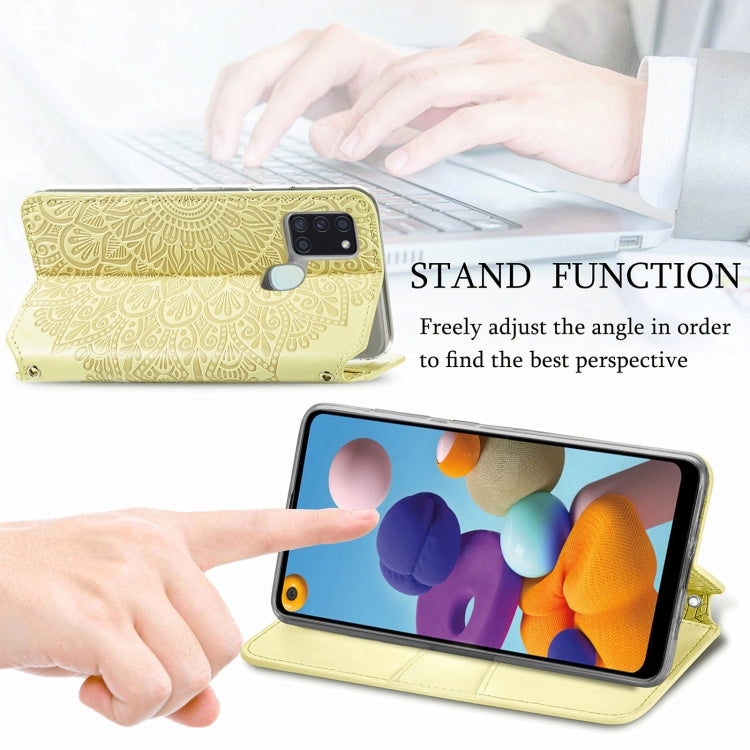 For Samsung Galaxy A21s Blooming Mandala Embossed Pattern Magnetic Horizontal Flip Leather Case with Holder & Card Slots & Wallet