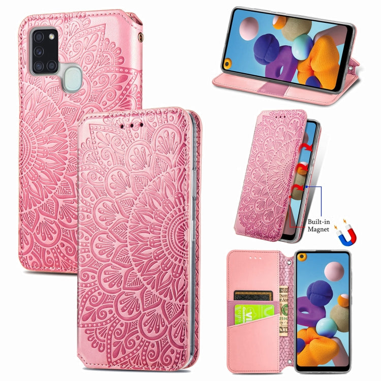 For Samsung Galaxy A21s Blooming Mandala Embossed Pattern Magnetic Horizontal Flip Leather Case with Holder & Card Slots & Wallet