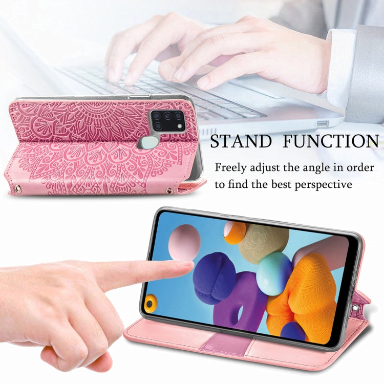 For Samsung Galaxy A21s Blooming Mandala Embossed Pattern Magnetic Horizontal Flip Leather Case with Holder & Card Slots & Wallet