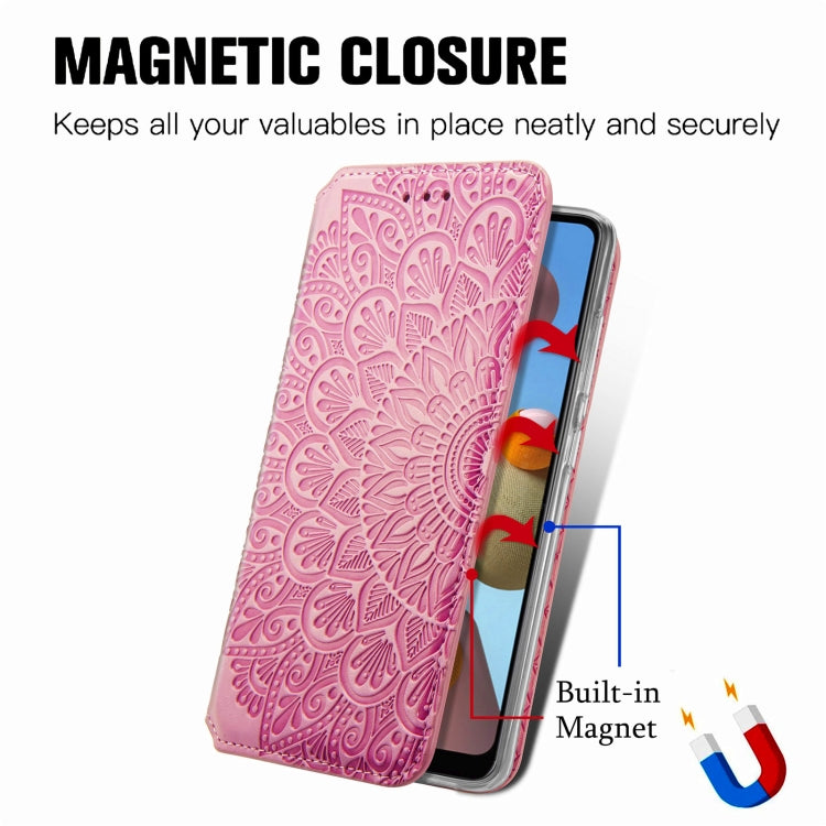 For Samsung Galaxy A21s Blooming Mandala Embossed Pattern Magnetic Horizontal Flip Leather Case with Holder & Card Slots & Wallet