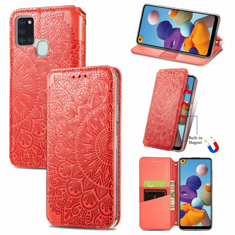 For Samsung Galaxy A21s Blooming Mandala Embossed Pattern Magnetic Horizontal Flip Leather Case with Holder & Card Slots & Wallet
