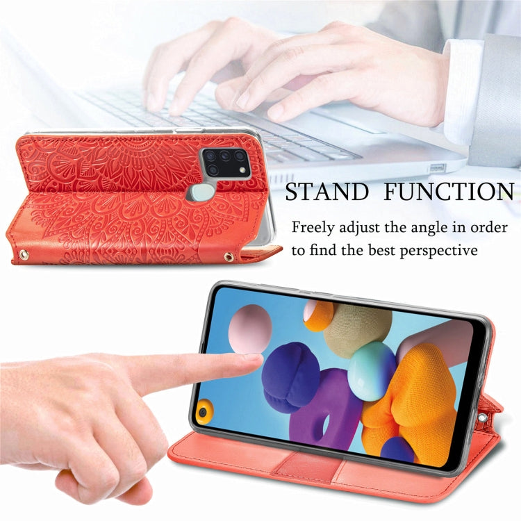 For Samsung Galaxy A21s Blooming Mandala Embossed Pattern Magnetic Horizontal Flip Leather Case with Holder & Card Slots & Wallet