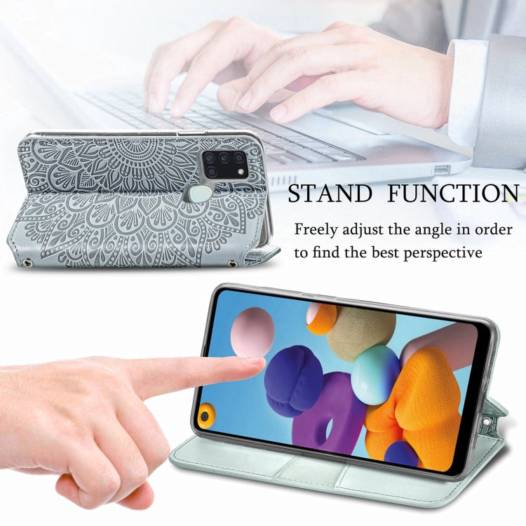 For Samsung Galaxy A21s Blooming Mandala Embossed Pattern Magnetic Horizontal Flip Leather Case with Holder & Card Slots & Wallet
