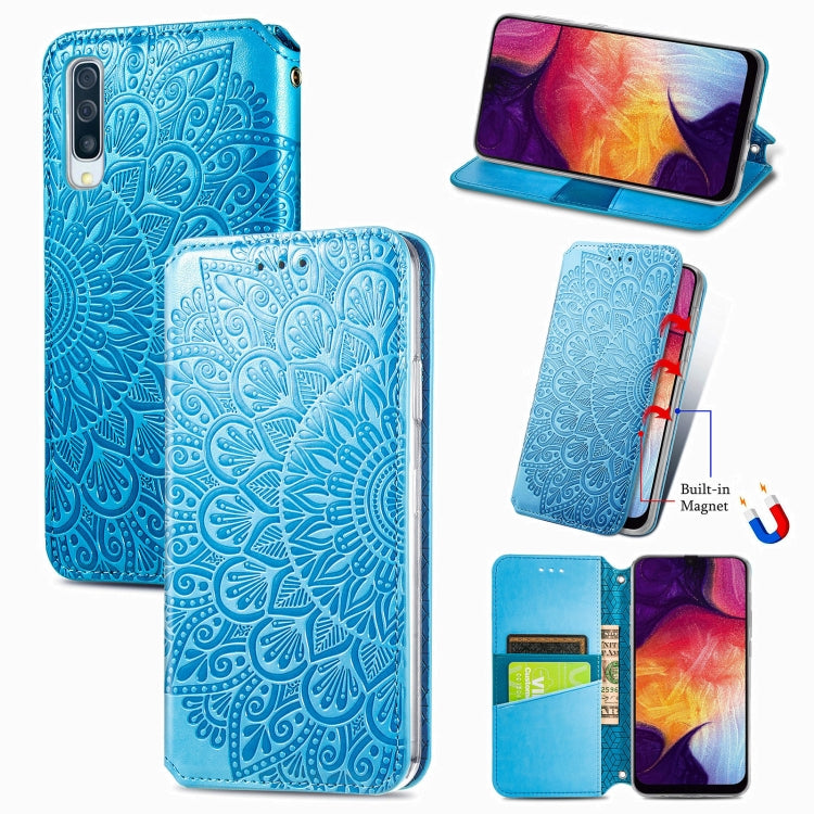 For Samsung Galaxy A50 Blooming Mandala Embossed Pattern Magnetic Horizontal Flip Leather Case with Holder & Card Slots & Wallet