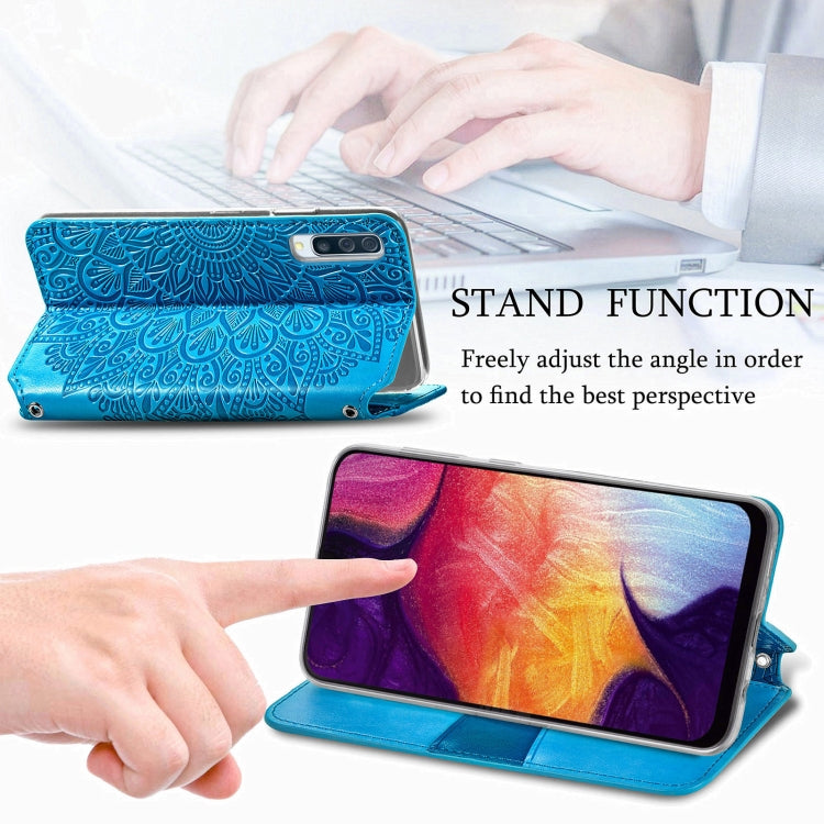 For Samsung Galaxy A50 Blooming Mandala Embossed Pattern Magnetic Horizontal Flip Leather Case with Holder & Card Slots & Wallet