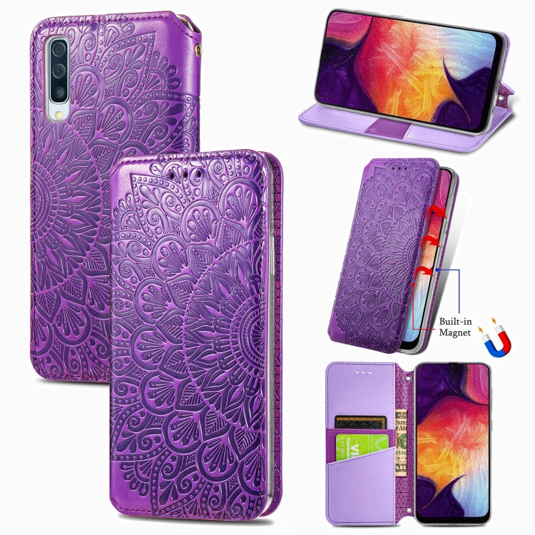 For Samsung Galaxy A50 Blooming Mandala Embossed Pattern Magnetic Horizontal Flip Leather Case with Holder & Card Slots & Wallet