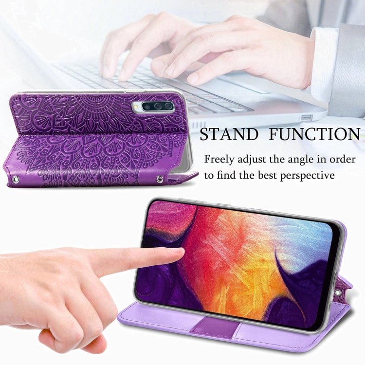 For Samsung Galaxy A50 Blooming Mandala Embossed Pattern Magnetic Horizontal Flip Leather Case with Holder & Card Slots & Wallet