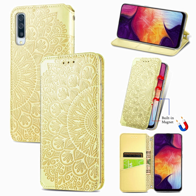 For Samsung Galaxy A50 Blooming Mandala Embossed Pattern Magnetic Horizontal Flip Leather Case with Holder & Card Slots & Wallet