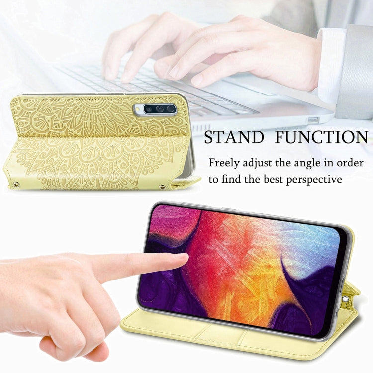 For Samsung Galaxy A50 Blooming Mandala Embossed Pattern Magnetic Horizontal Flip Leather Case with Holder & Card Slots & Wallet
