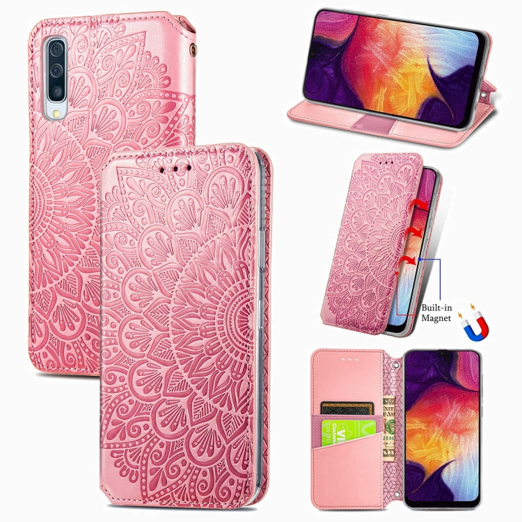 For Samsung Galaxy A50 Blooming Mandala Embossed Pattern Magnetic Horizontal Flip Leather Case with Holder & Card Slots & Wallet