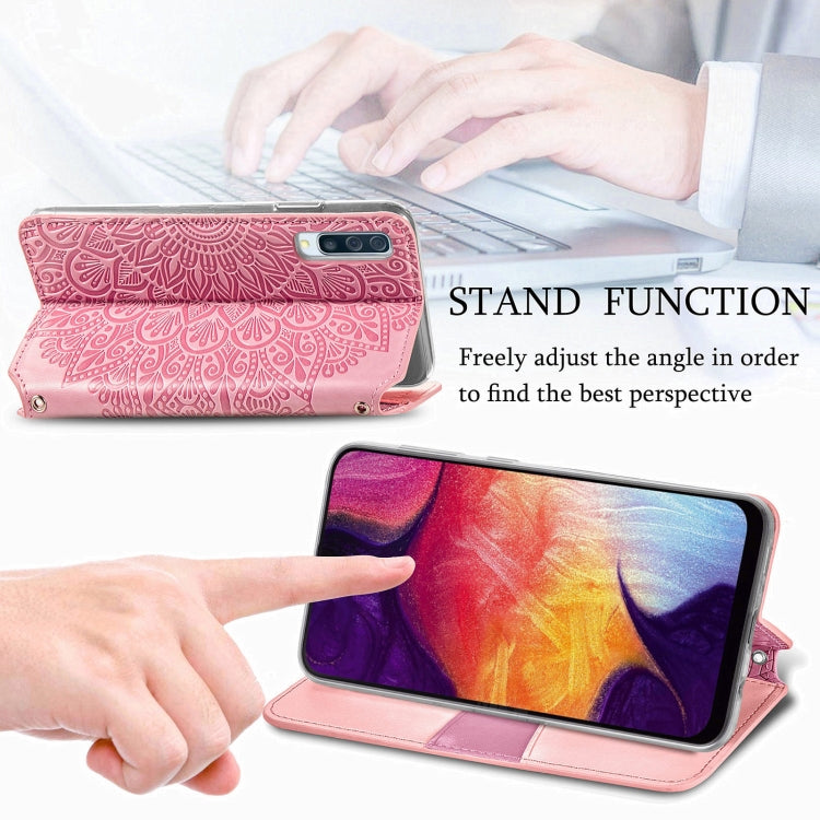 For Samsung Galaxy A50 Blooming Mandala Embossed Pattern Magnetic Horizontal Flip Leather Case with Holder & Card Slots & Wallet
