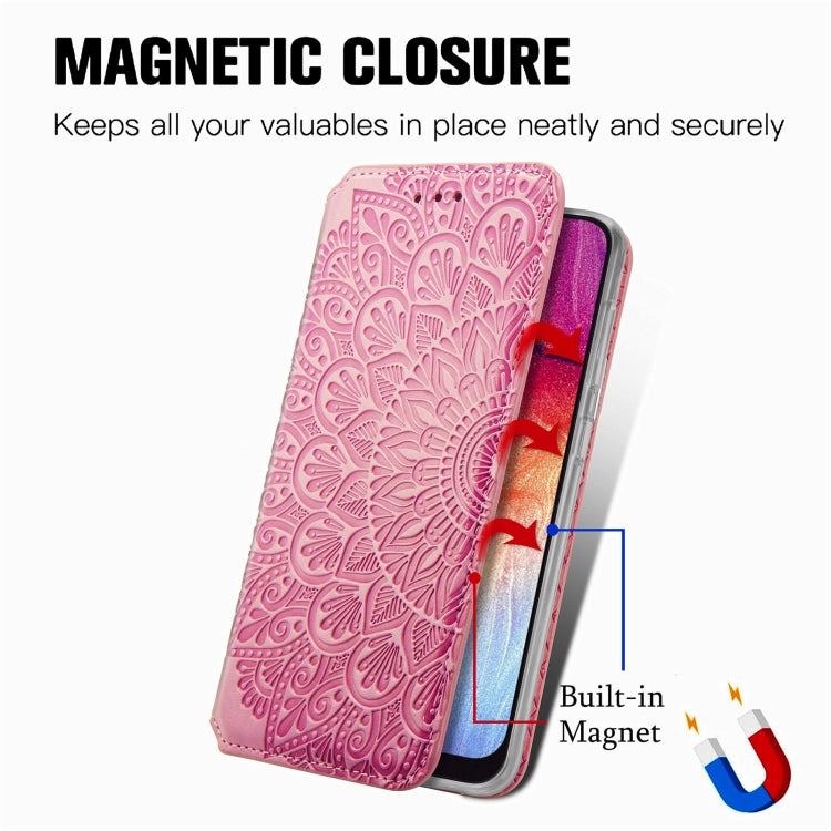 For Samsung Galaxy A50 Blooming Mandala Embossed Pattern Magnetic Horizontal Flip Leather Case with Holder & Card Slots & Wallet