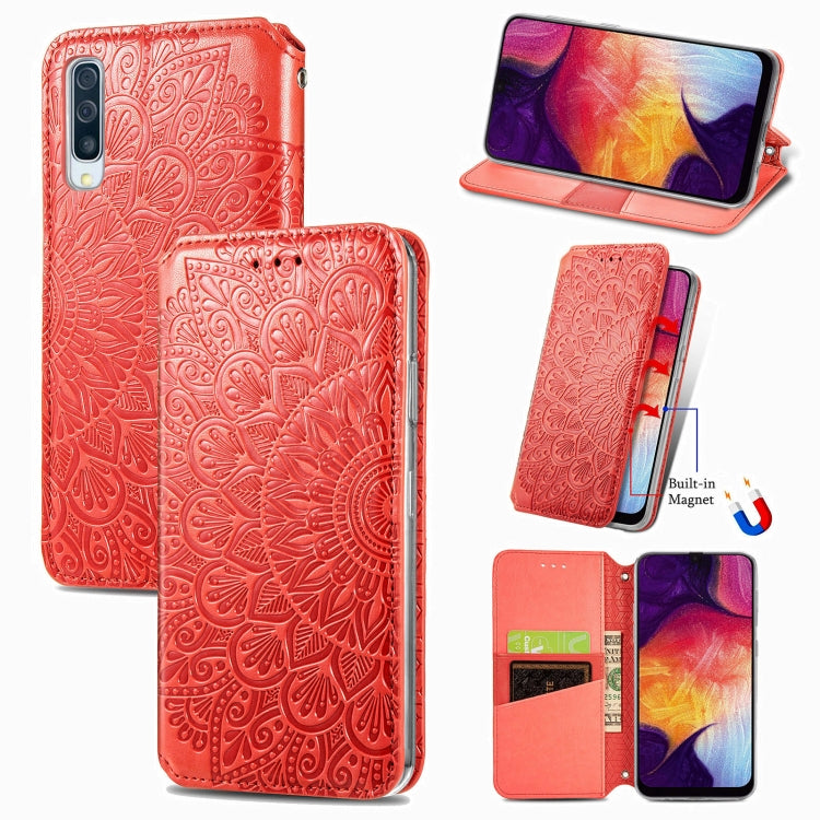 For Samsung Galaxy A50 Blooming Mandala Embossed Pattern Magnetic Horizontal Flip Leather Case with Holder & Card Slots & Wallet