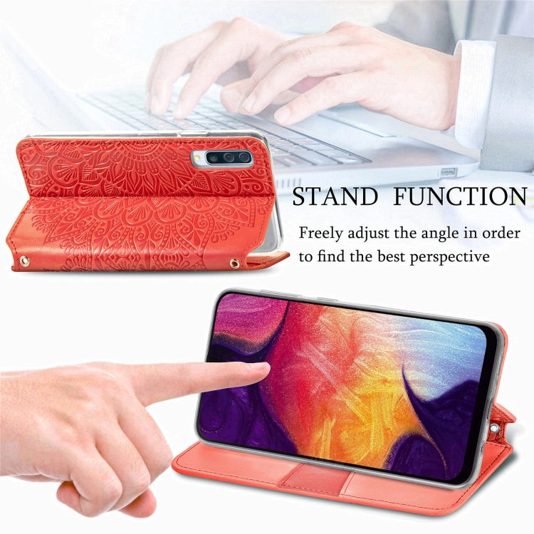 For Samsung Galaxy A50 Blooming Mandala Embossed Pattern Magnetic Horizontal Flip Leather Case with Holder & Card Slots & Wallet