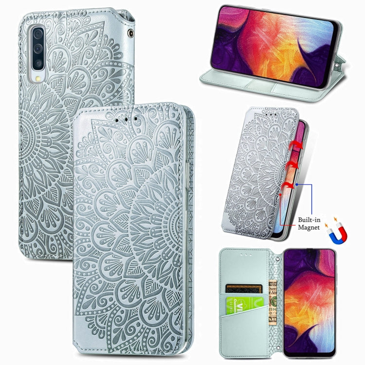 For Samsung Galaxy A50 Blooming Mandala Embossed Pattern Magnetic Horizontal Flip Leather Case with Holder & Card Slots & Wallet