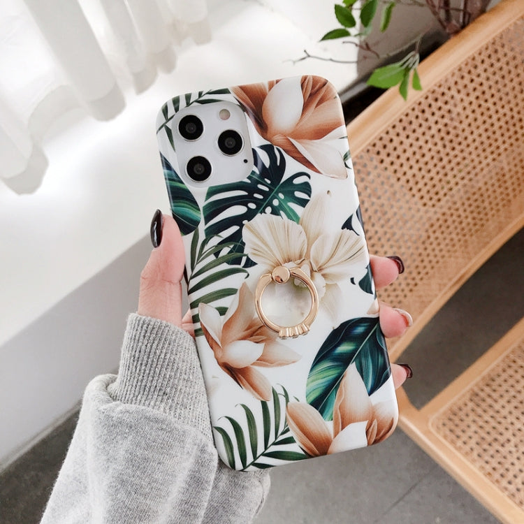 For iPhone 11 Double-sided Film IMD Flowers Pattern Shockproof TPU Protective Case with Ring Holder