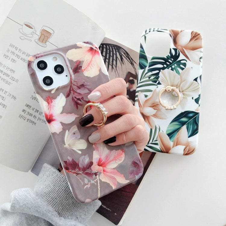 For iPhone 11 Double-sided Film IMD Flowers Pattern Shockproof TPU Protective Case with Ring Holder