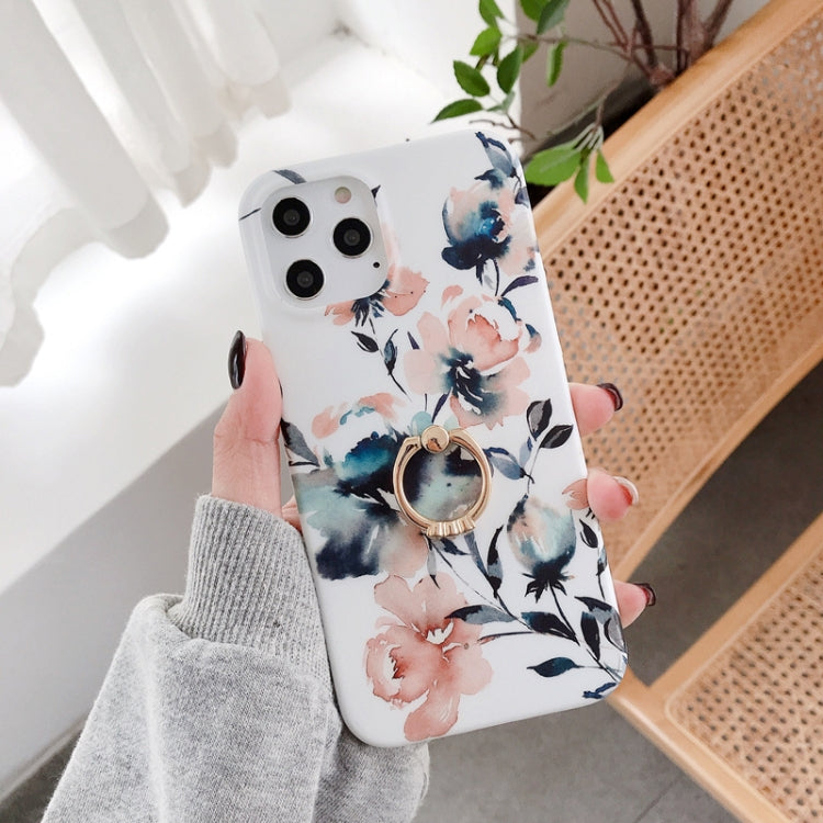 For iPhone 11 Pro Double-sided Film IMD Flowers Pattern Shockproof TPU Protective Case with Ring Holder