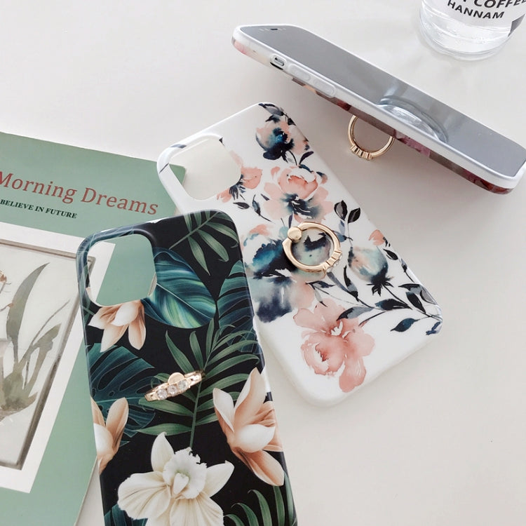 For iPhone 11 Pro Max Double-sided Film IMD Flowers Pattern Shockproof TPU Protective Case with Ring Holder