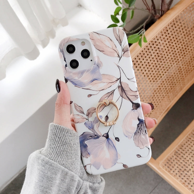 For iPhone 12 / 12 Pro Double-sided Film IMD Flowers Pattern Shockproof TPU Protective Case with Ring Holder