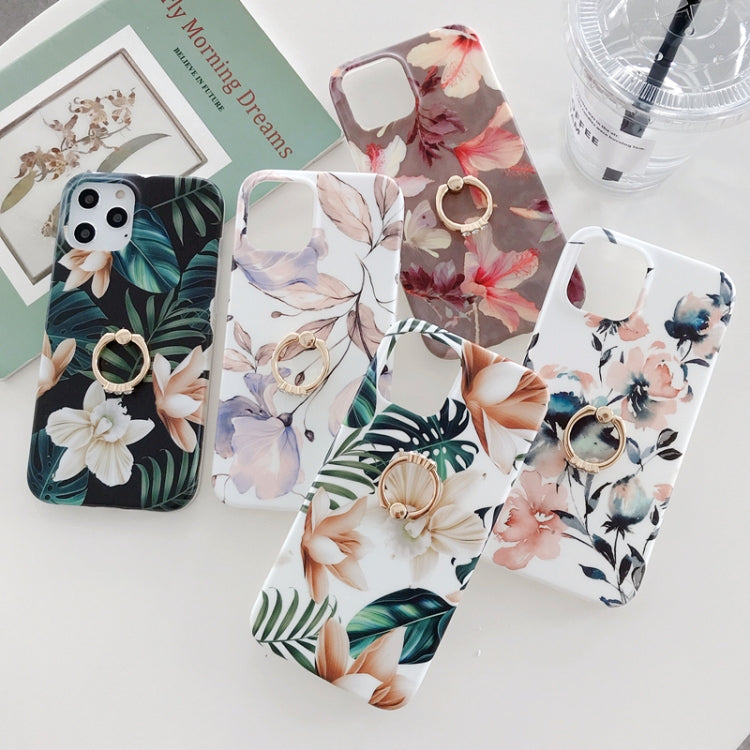 For iPhone 12 / 12 Pro Double-sided Film IMD Flowers Pattern Shockproof TPU Protective Case with Ring Holder