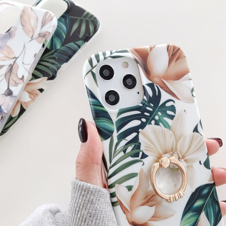 For iPhone 12 Pro Max Double-sided Film IMD Flowers Pattern Shockproof TPU Protective Case with Ring Holder