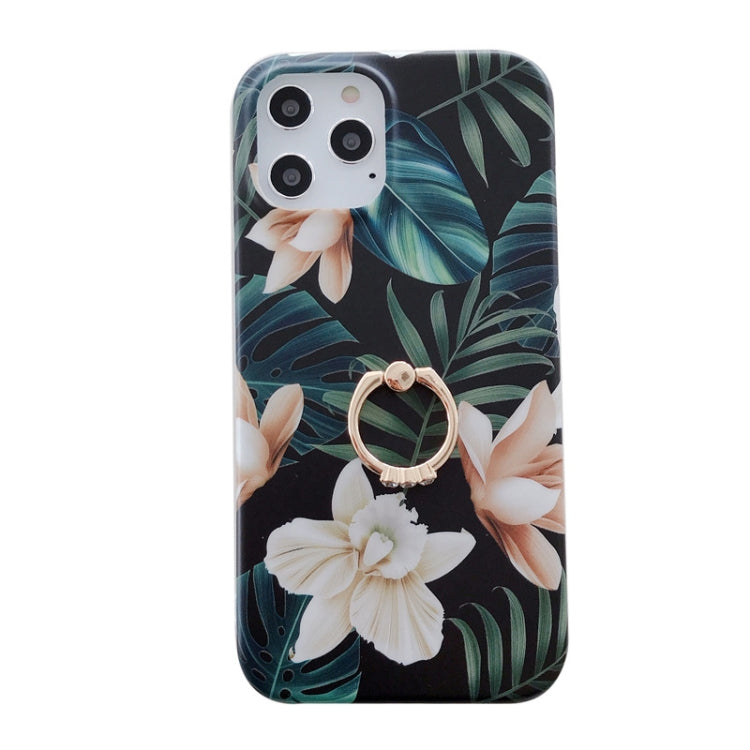 For iPhone 12 Pro Max Double-sided Film IMD Flowers Pattern Shockproof TPU Protective Case with Ring Holder