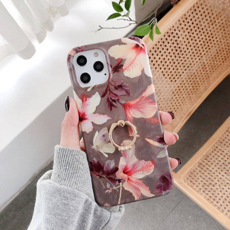 For iPhone 12 Pro Max Double-sided Film IMD Flowers Pattern Shockproof TPU Protective Case with Ring Holder