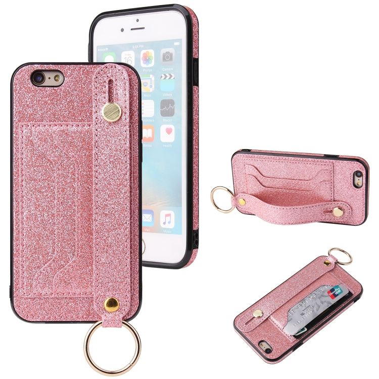 Glitter Powder PU+TPU Shockproof Protective Case with Holder & Card Slots & Wrist Strap For iPhone 6 / 6s
