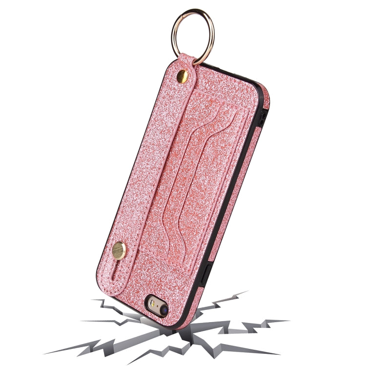 Glitter Powder PU+TPU Shockproof Protective Case with Holder & Card Slots & Wrist Strap For iPhone 6 / 6s