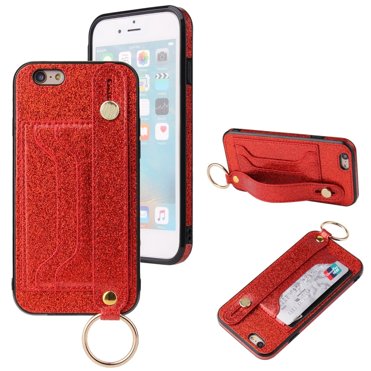 Glitter Powder PU+TPU Shockproof Protective Case with Holder & Card Slots & Wrist Strap For iPhone 6 / 6s