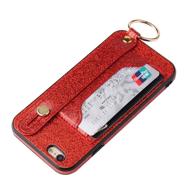 Glitter Powder PU+TPU Shockproof Protective Case with Holder & Card Slots & Wrist Strap For iPhone 6 / 6s