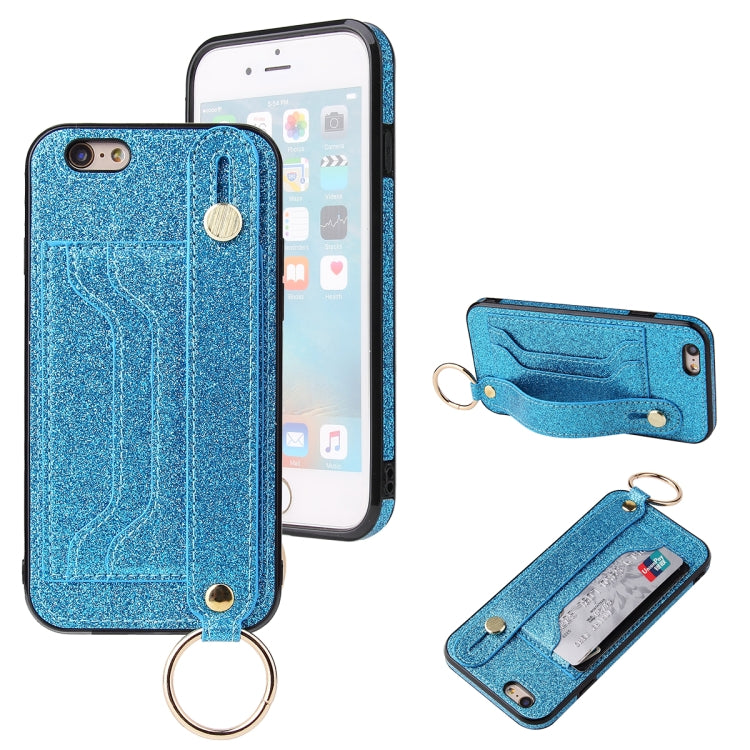 Glitter Powder PU+TPU Shockproof Protective Case with Holder & Card Slots & Wrist Strap For iPhone 6 / 6s